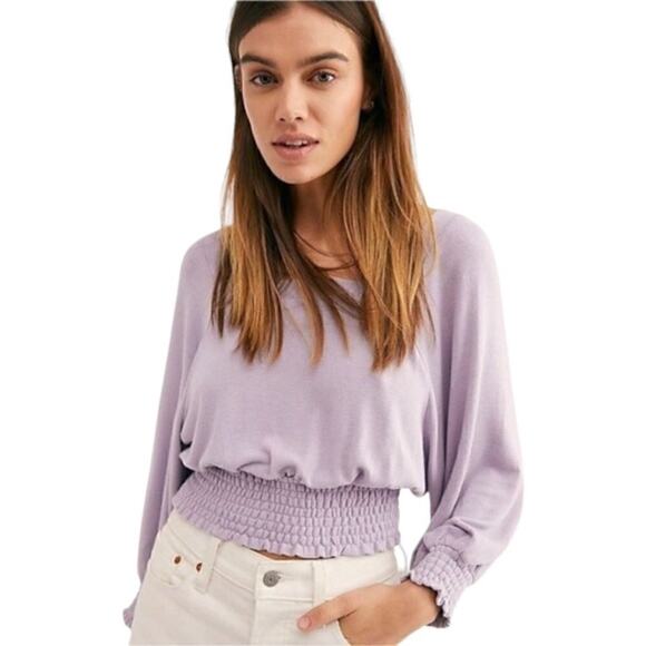Free People Lavender Square Neck Soft Knit Smocked Cropped Golden Tee Size XS - Picture 1 of 6